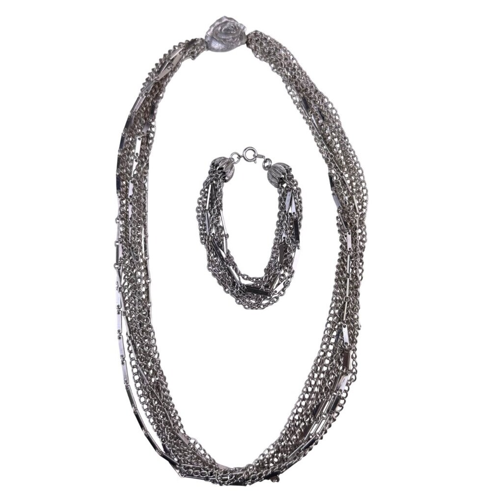 Vintage Unknown Womens Silver Tone Metal Multi Chain Necklace & Bracelet Set